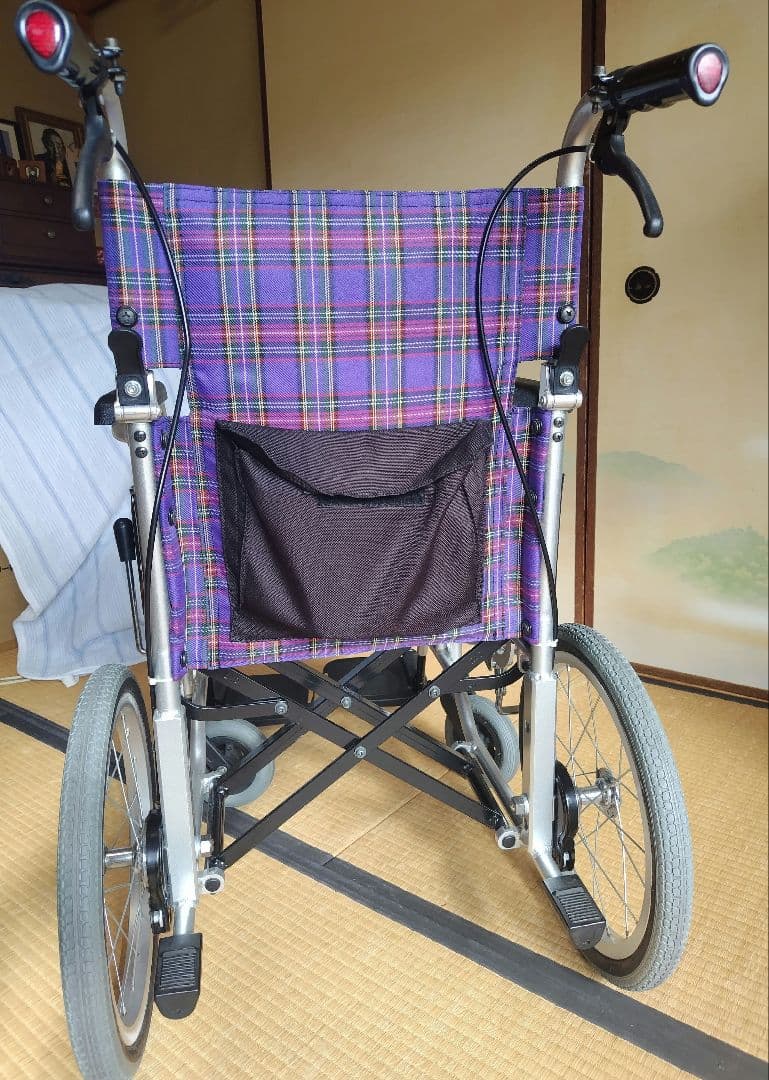 カワムラ KAJ402SB 紫色チェック柄 介助用車椅子 カワムラサイクル