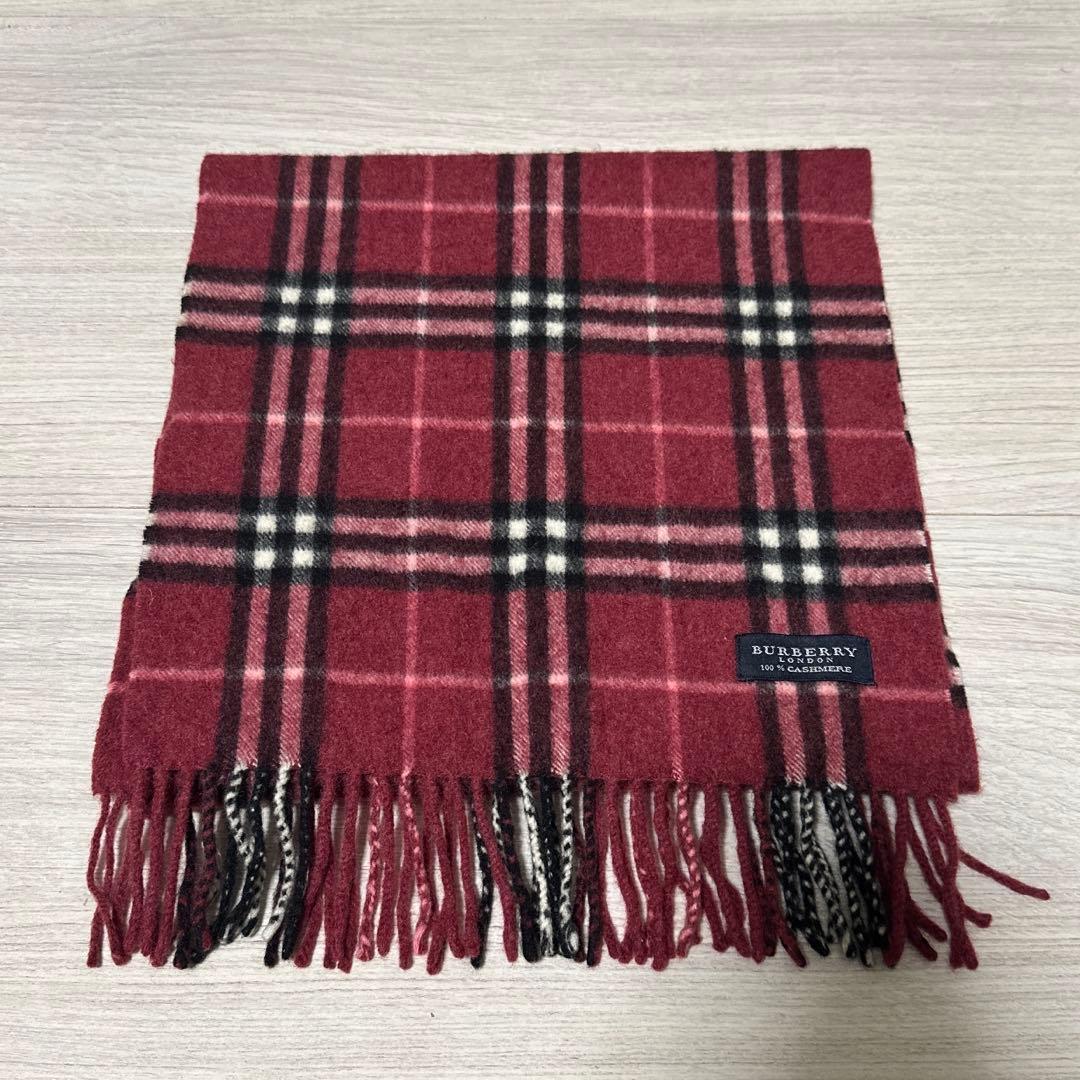 BURBERRY 赤 チェック柄 マフラー カシミヤ - メルカリ