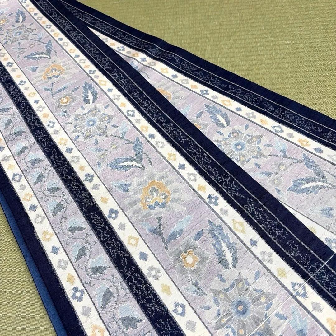 正絹　紬　全通袋帯《ライン　花》