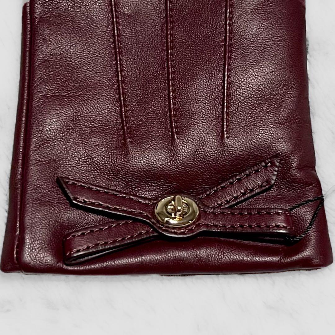 ○未使用 COACH コーチ 羊革 シープレザー 手袋 リボン バーガンディ