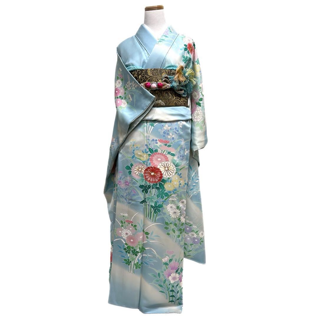 振袖 金駒刺繍 金彩 菊花 牡丹 ライトブルー 成人式 着物 101b d