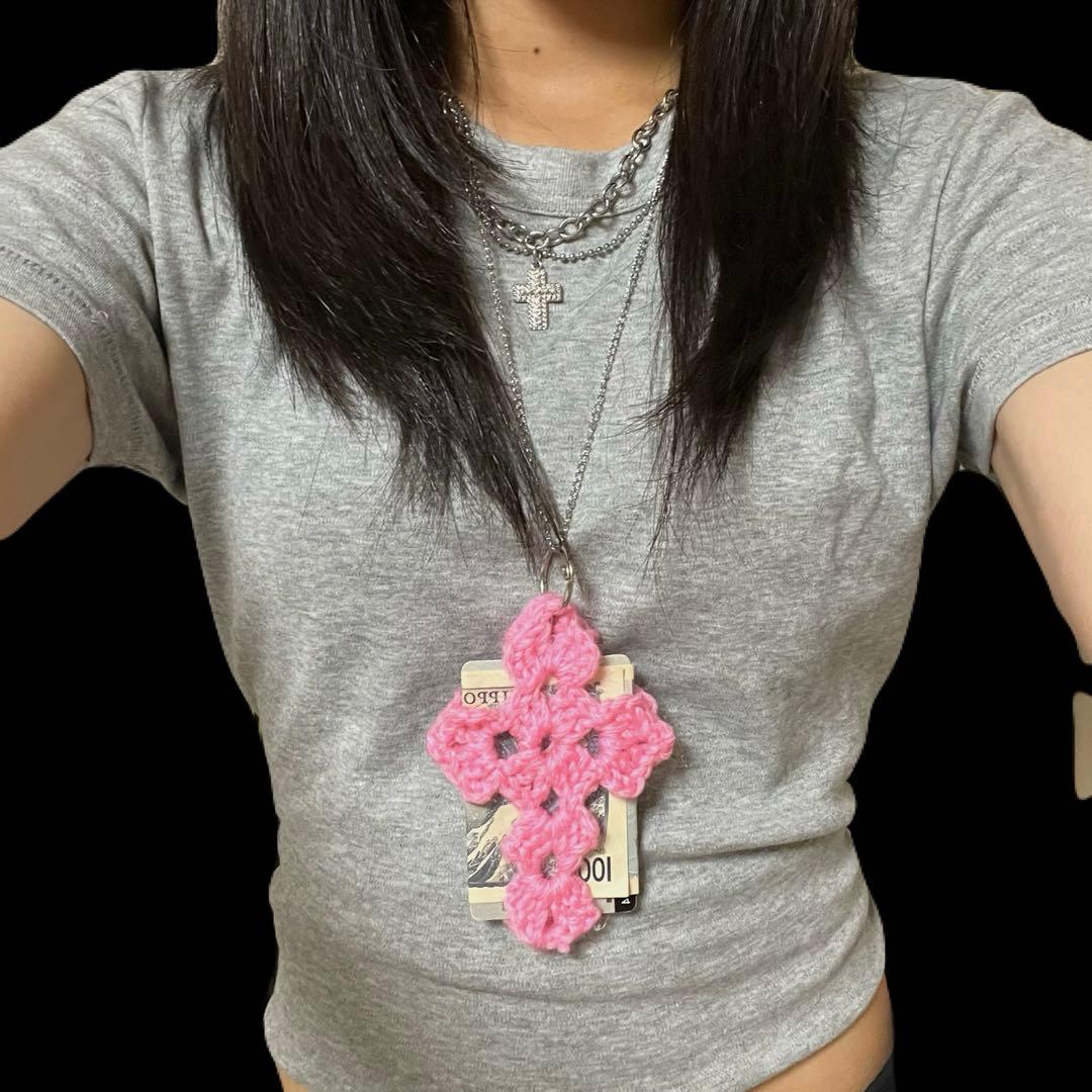 十字架 カードケース ネックレス キーホルダー ネックレス 編み物