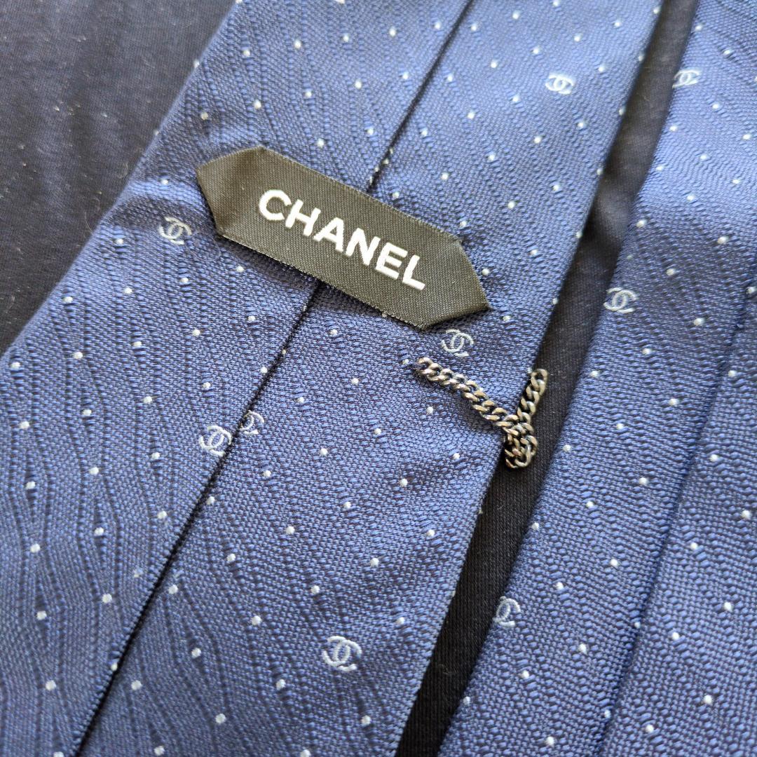 美品 シャネル CHANEL ネイビー ドット柄 メンズネクタイ ココマーク
