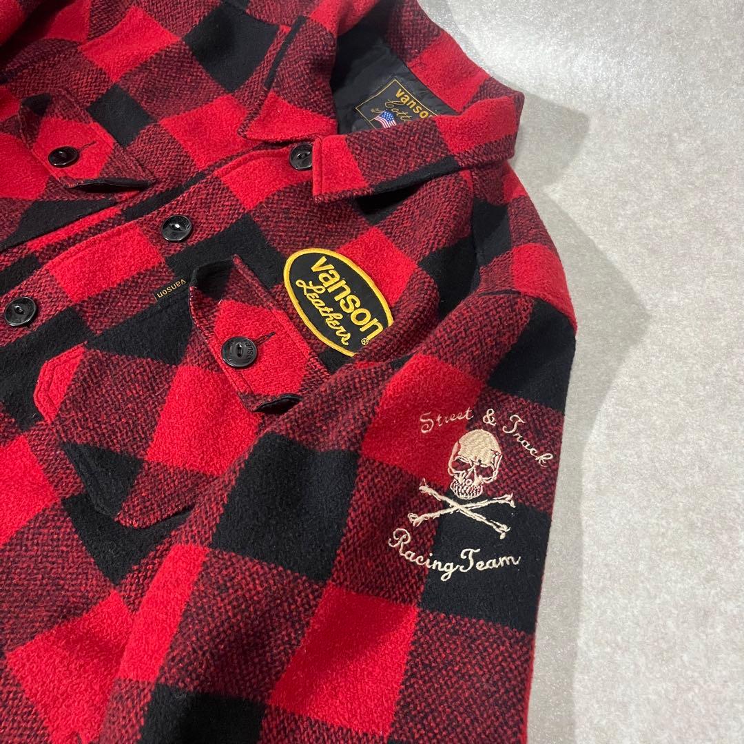 vanson バッファローチェック 赤黒チェック スカルジャケット XL