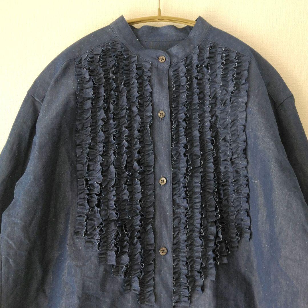 ユナイテッドアローズ UGCS フリル スタンドカラーシャツ NAVY リネン