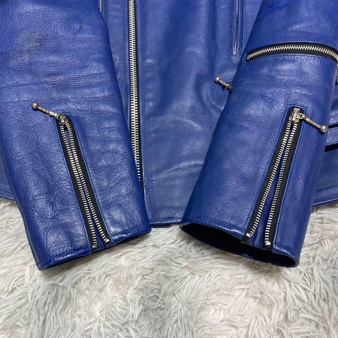 良品】HORN WORKS 本革ダブルライダースジャケット 青×赤 XLサイズ