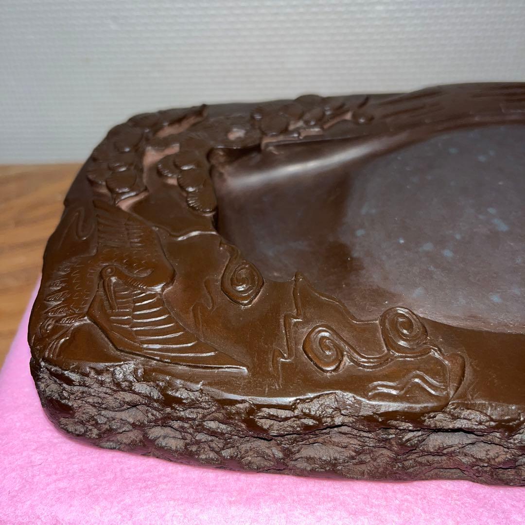 ⭕️赤間硯 曻進堂謹製 永久松鶴亀彫刻 美品 21cm超2kg超 大型 古硯