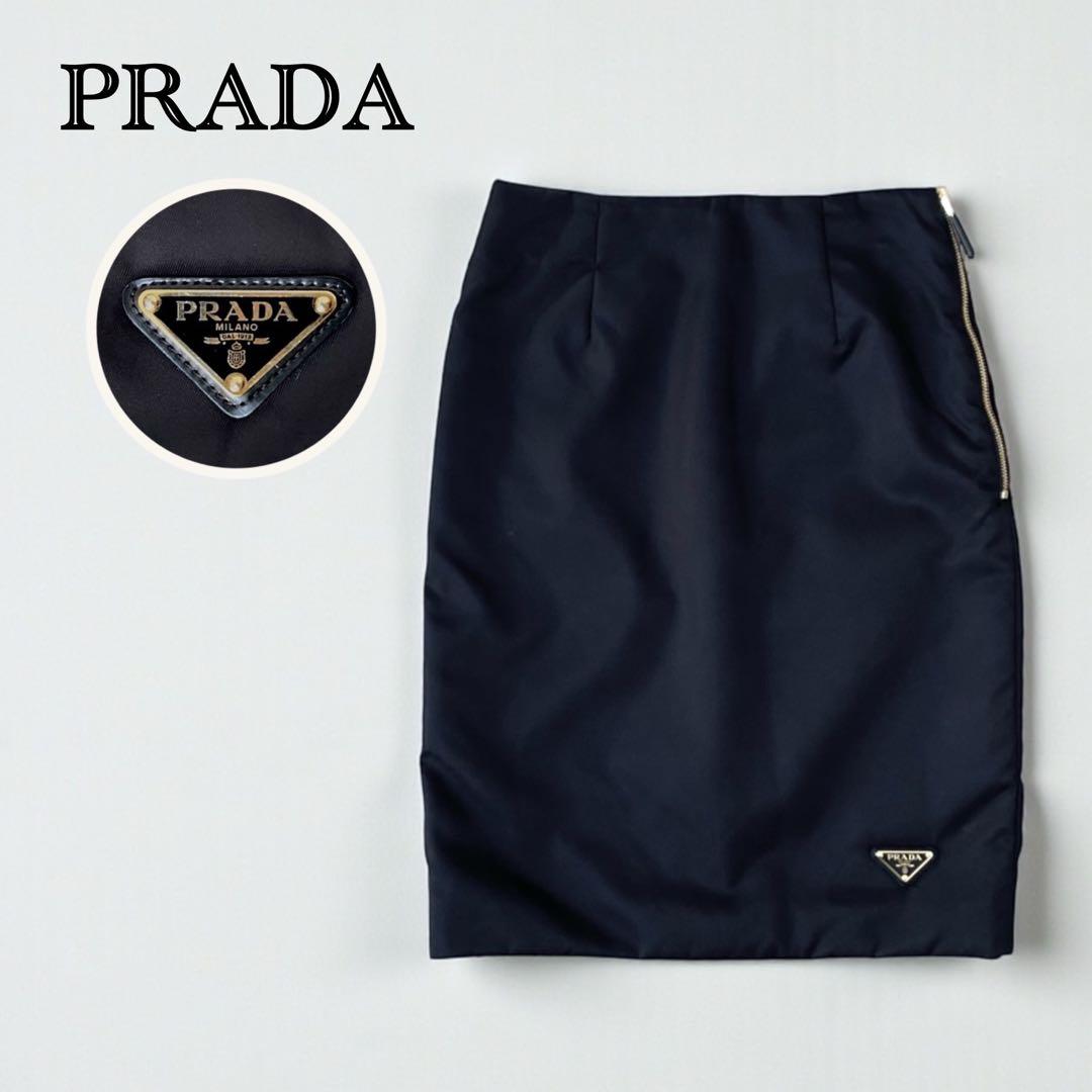 【美品】PRADA プラダ リナイロン ペンシルスカート 三角ロゴプレート 黒 美品】PRADA プラダ リナイロン ペンシルスカート 三角ロゴプレート 黒