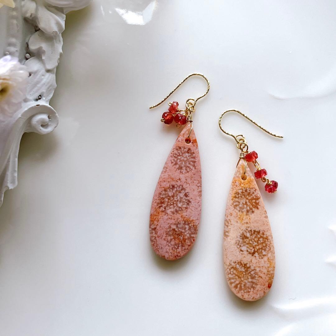 一点物✧ピンクフォッシルコーラル×パパラチアサファイアピアス✧14kgf