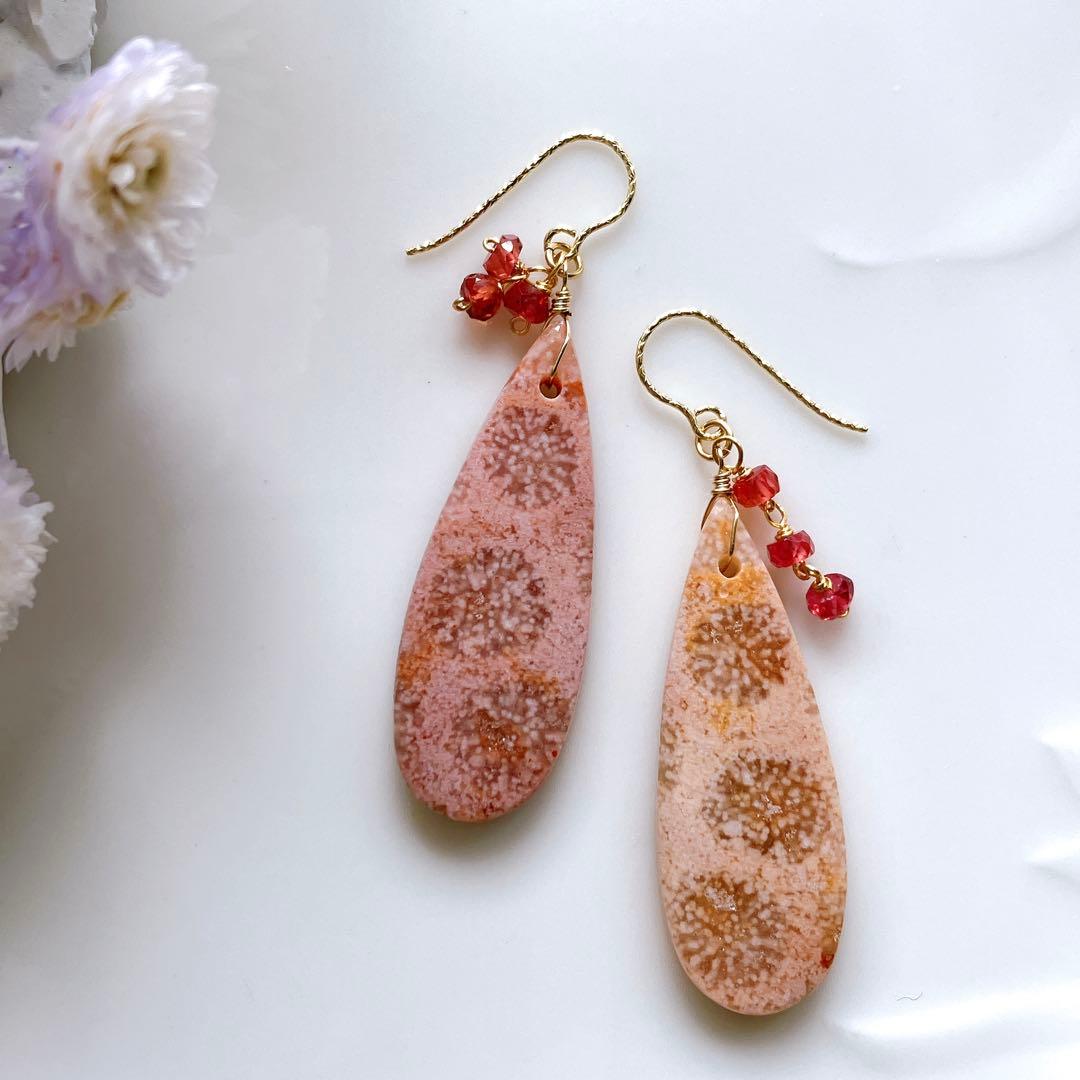 一点物✧ピンクフォッシルコーラル×パパラチアサファイアピアス✧14kgf