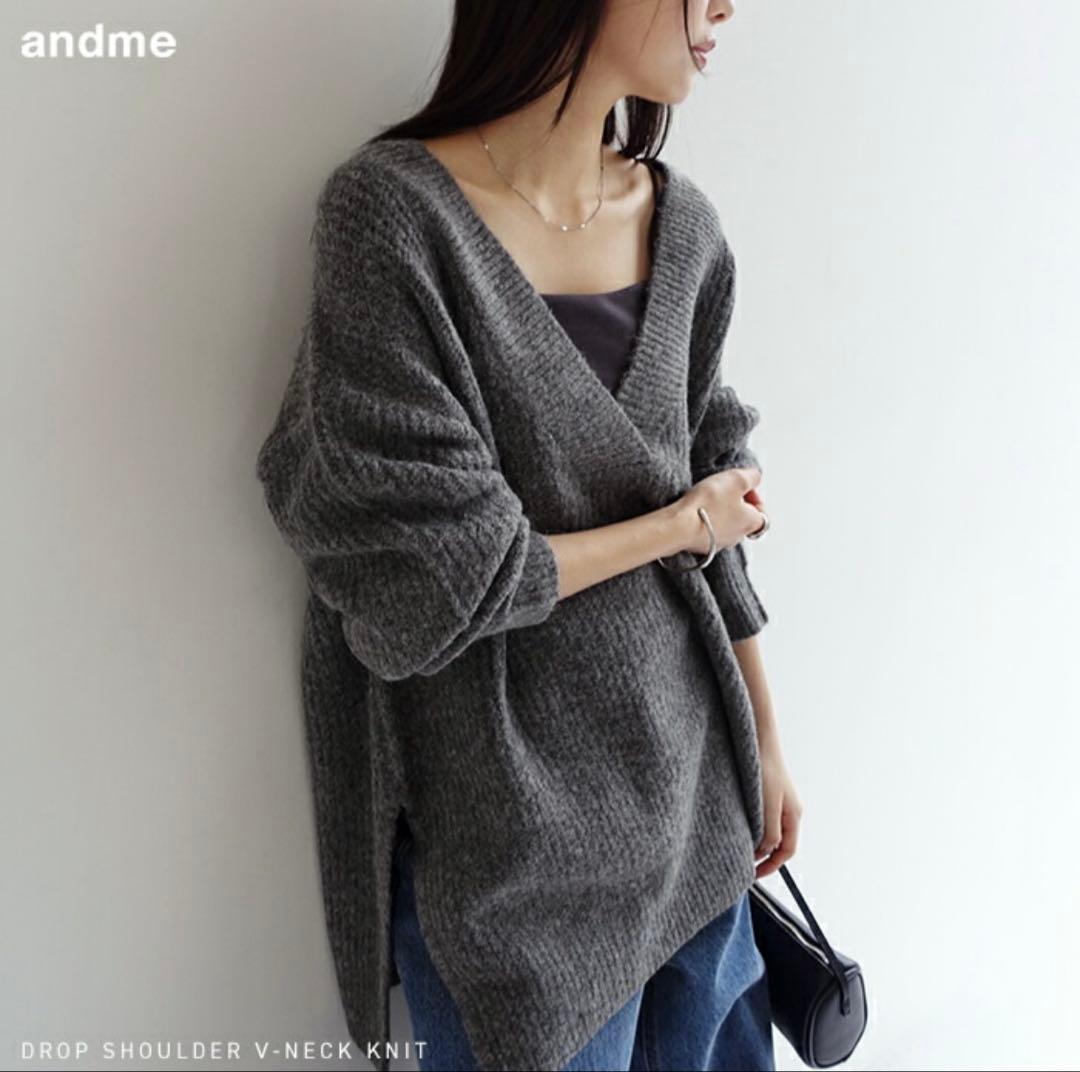 andme 片畦Vネックニットトップス M グレー - メルカリ