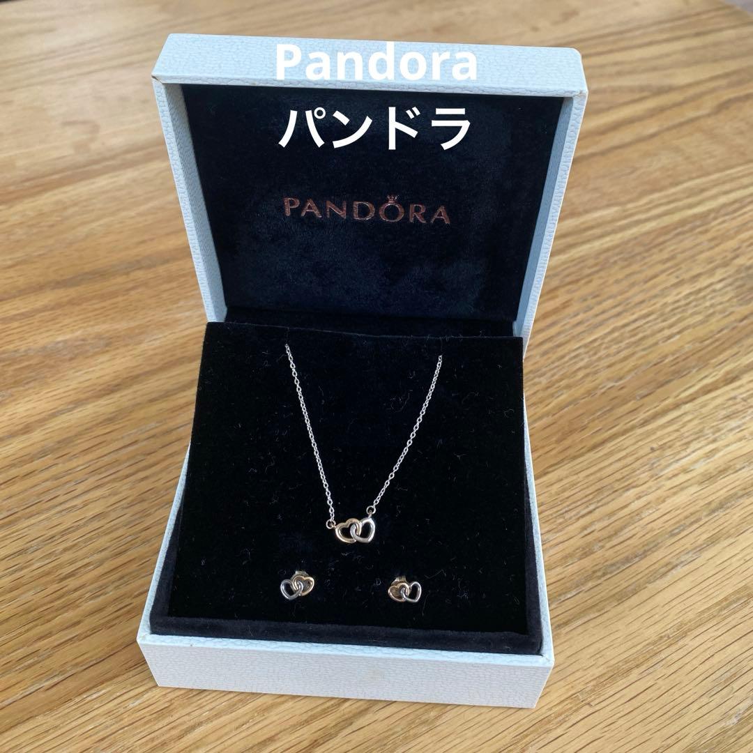 Pandoraパンドラ ネックレス＆ピアスセット ダブルハート シルバー