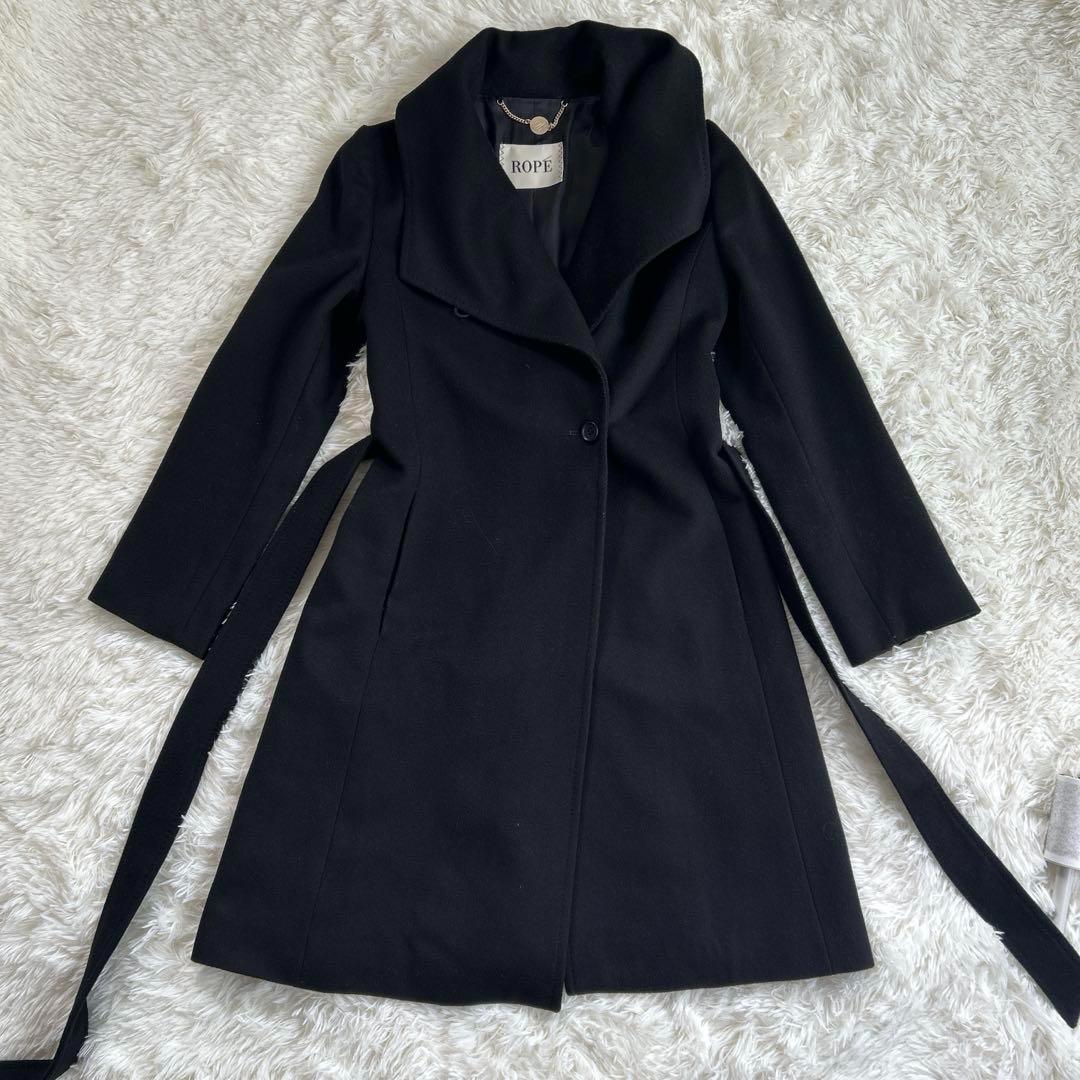 ロペ ダブルチェスターロングコート ベルテッド 女優襟 カシミヤ混 38