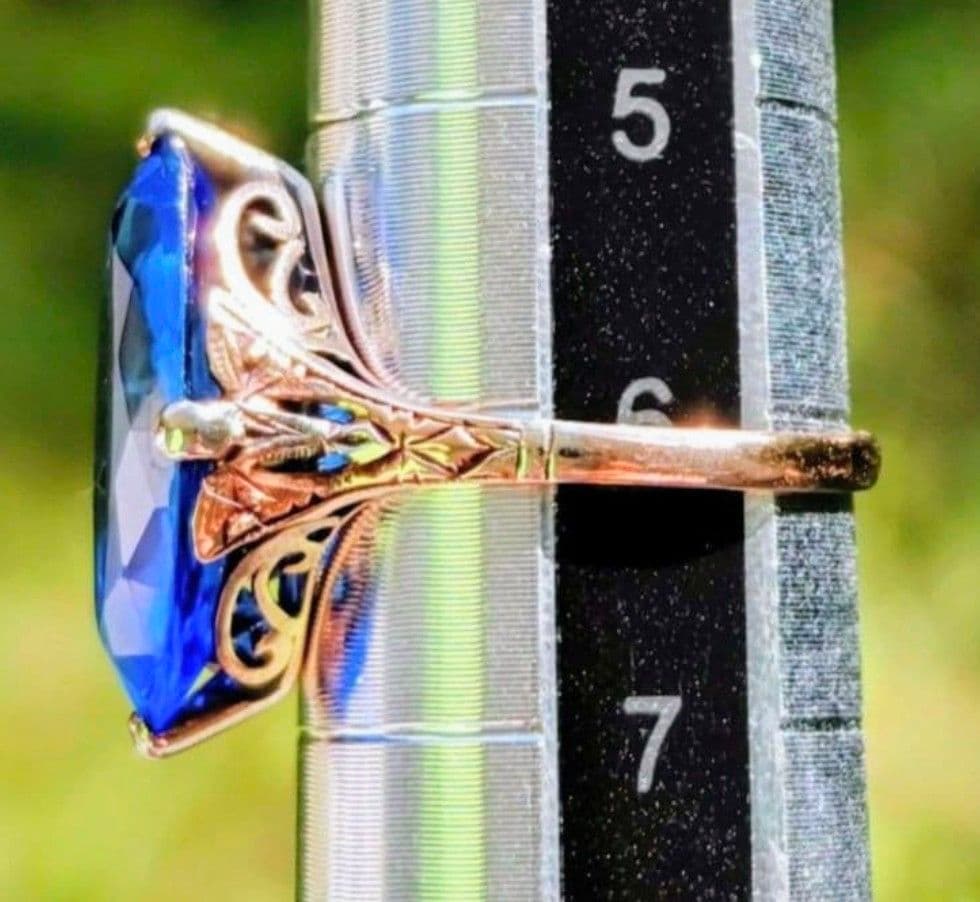 希少✨️戦前✧*。K18 合成サファイア 2色金 昭和ヴィンテージリング