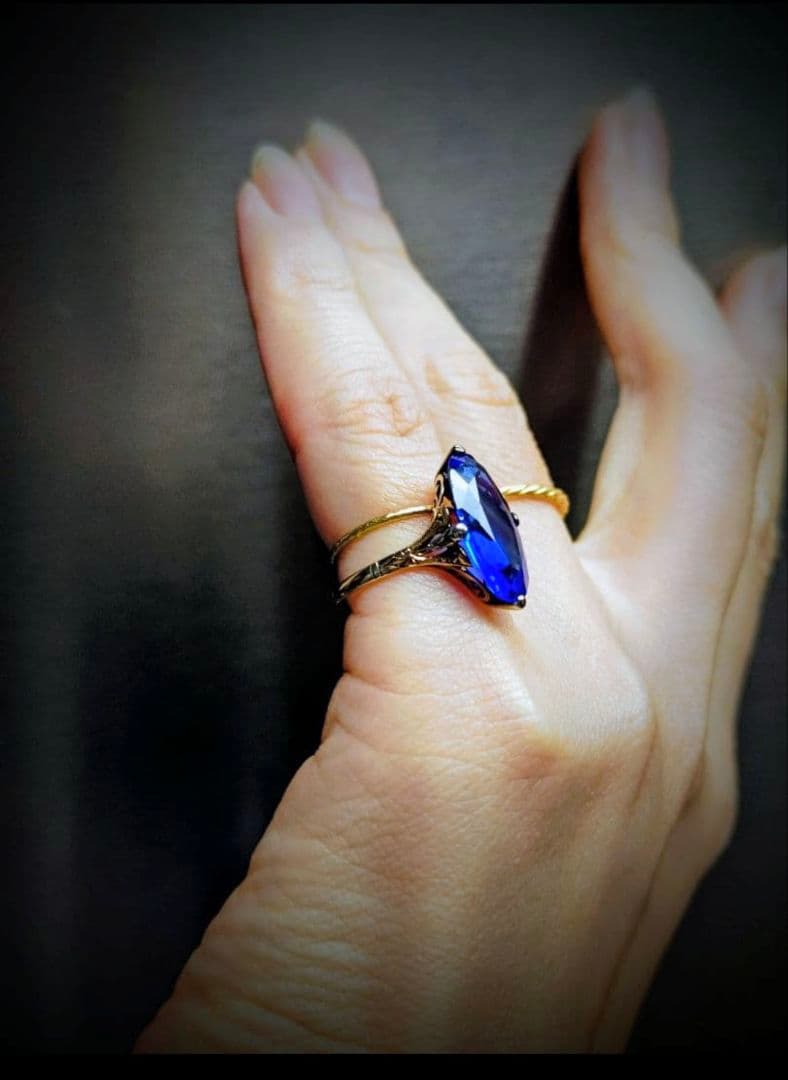 希少✨️戦前✧*。K18 合成サファイア 2色金 昭和ヴィンテージリング