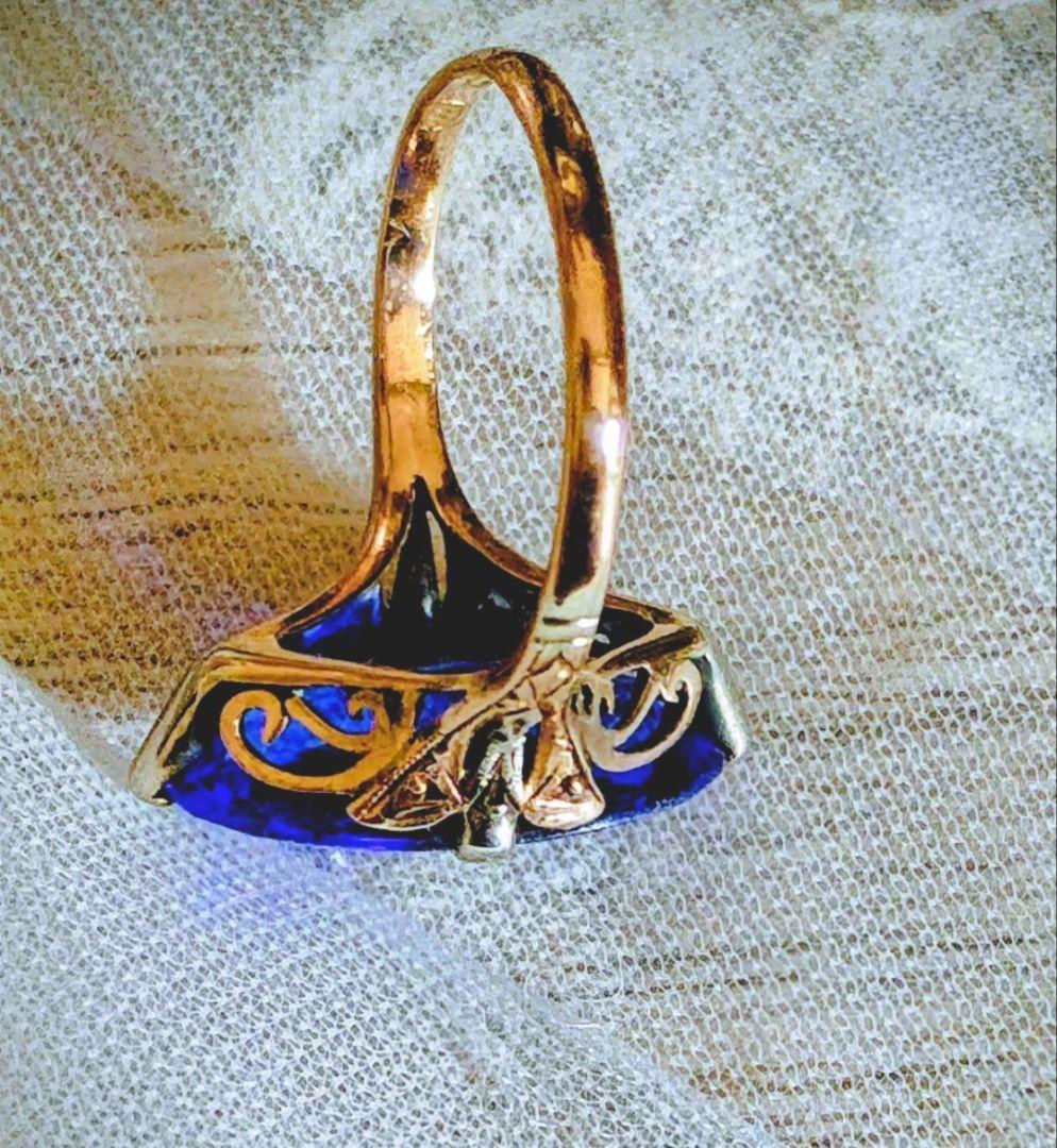 希少✨️戦前✧*。K18 合成サファイア 2色金 昭和ヴィンテージリング