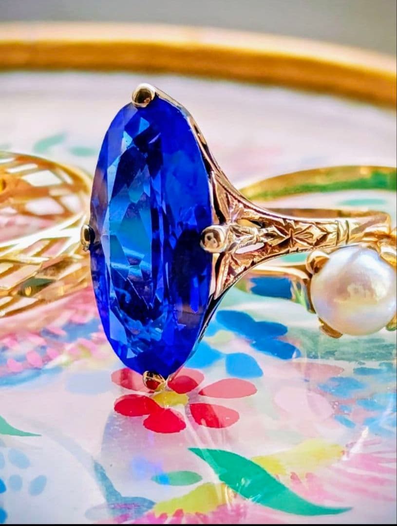 希少✨️戦前✧*。K18 合成サファイア 2色金 昭和ヴィンテージリング