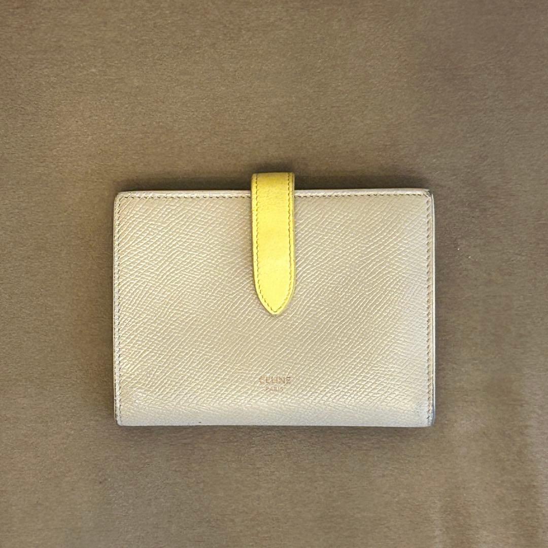 CELINE 二つ折り財布 ベージュ/イエロー CELINE セリーヌ ミディアム ストラップウォレット 二つ折り 財布 バイ
