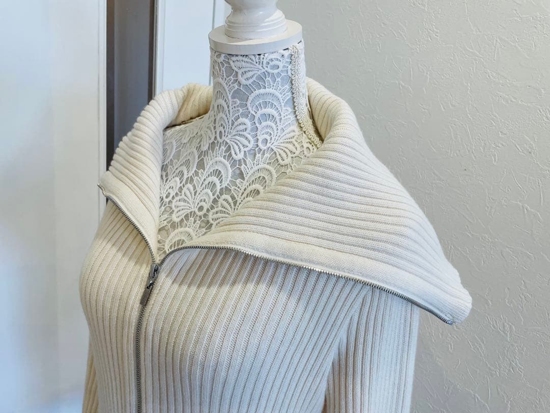 FOXEY リブニット ジップカーディガン 38 M カシミヤ混 ビッグカラー