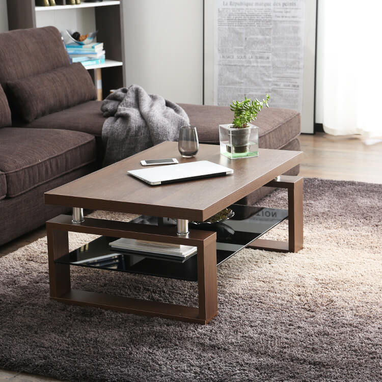 リビングテーブル(正方形/長方形)ガラス板の収納棚で高級感を演出