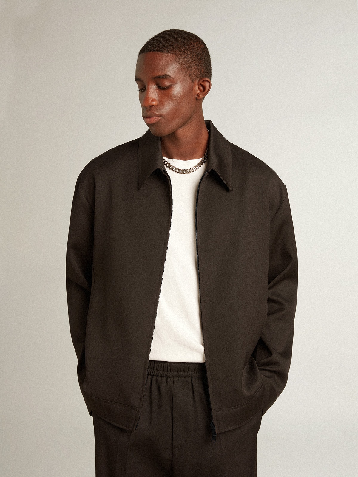 Men's zip-up jacket in black wool gabardine