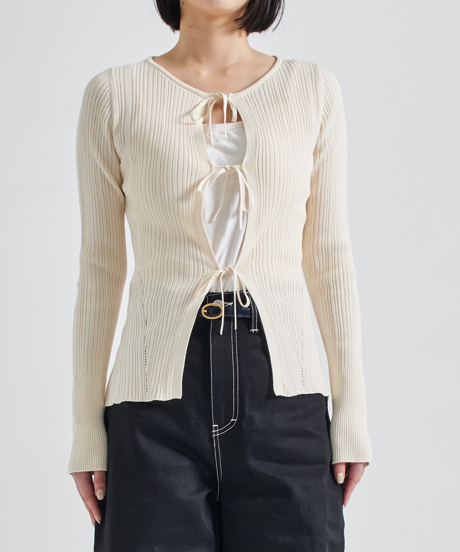 Ribbon Front Knit Cardigan(FREE OFF WHITE): STUDIOUS: WOMENS