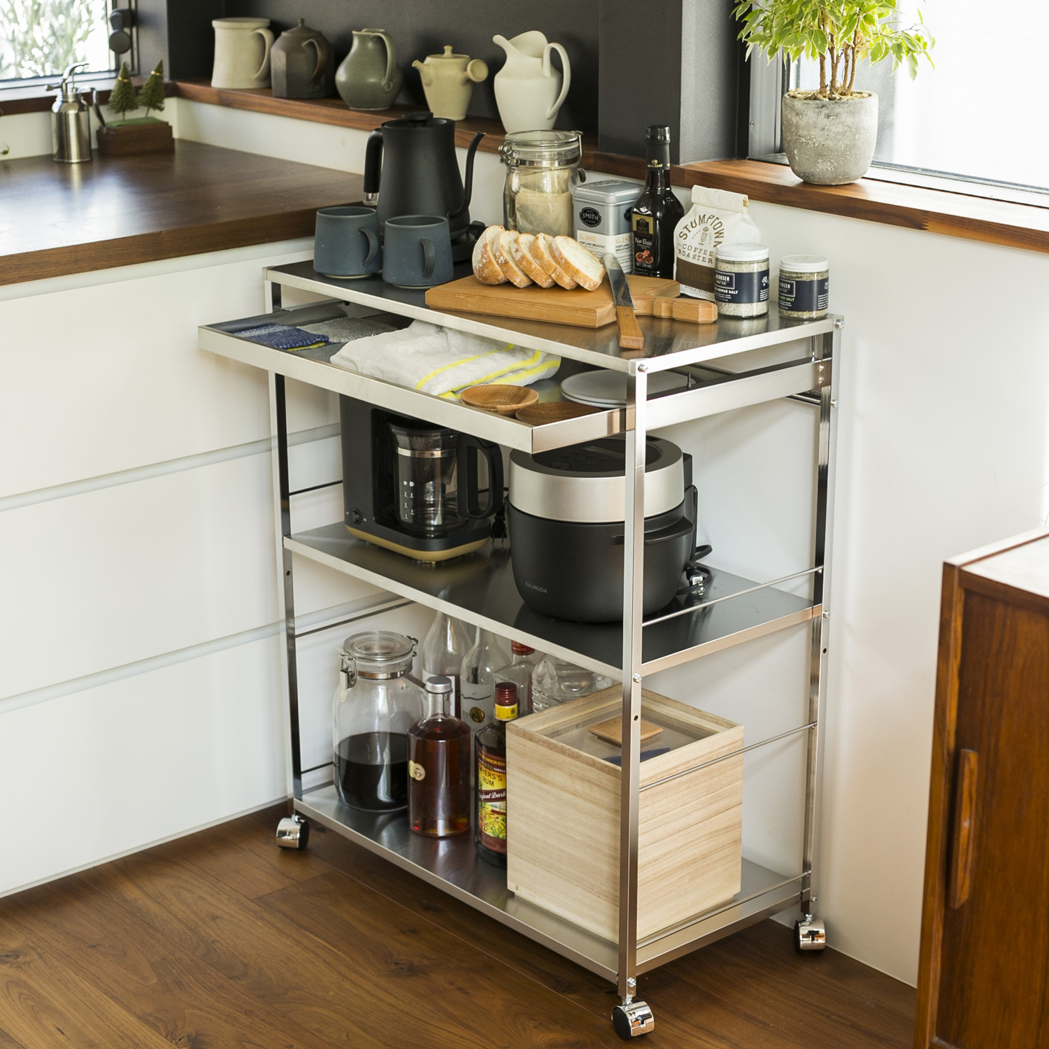 足立製作所/ステンレス作業台キッチンワゴン引き出し付 幅73.5cm -調理