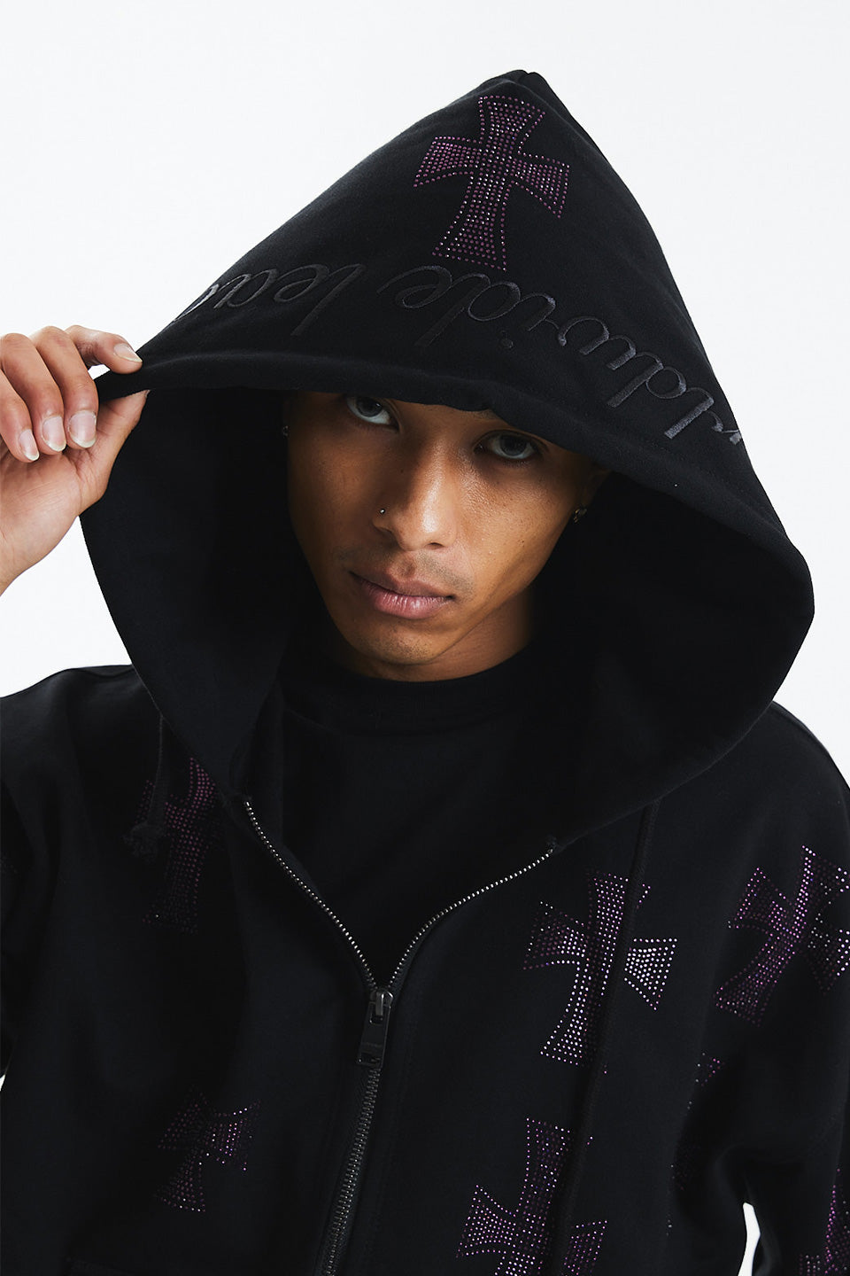Black x Purple Cross Rhinestone Zip Hoodie｜Unknown London｜フーディー